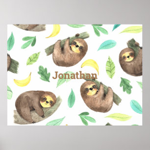 Poster Sloth sur une branche Bananes Nom animal