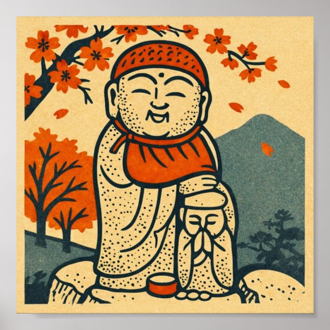 Poster Smiling Jizo Guardian  – Japanese Folk Art  (Devant)