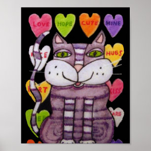 Poster Smiling Purple Valentine Cat Candy Hearts Black