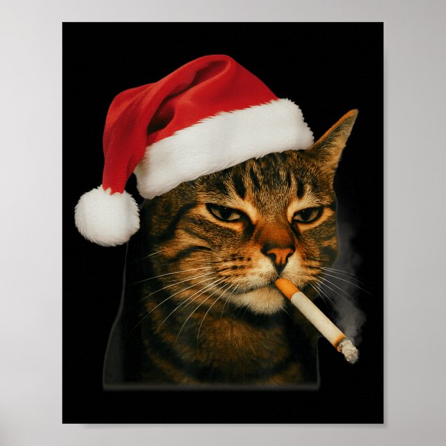 Poster Smoking Cat Cigarette Christmas Santa Hat Cat Meme (Devant)