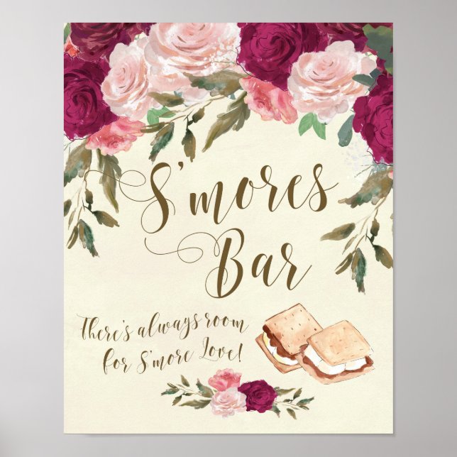 Poster Smores Bar signe ivoire fleurie mariage barbecue (Devant)
