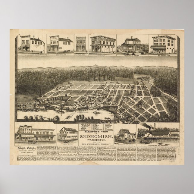 Poster Snohomish Washington 1890 Antique carte panoramiqu (Devant)