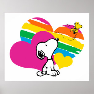 Poster Snoopy et Woodstock   Coeurs arc-en-ciel