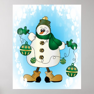 Poster Snowman aux ornements de Noël verts
