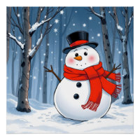 Snowman dans la forêt froide avec foulard rouge