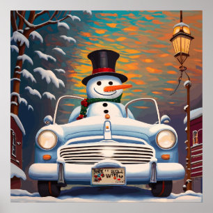Poster Snowman dans une voiture convertible
