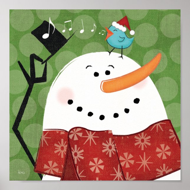 Poster Snowman de Noël avec oiseau (Devant)