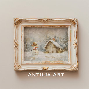 Poster Snowman d'hiver peinture de la scène de Noël rusti