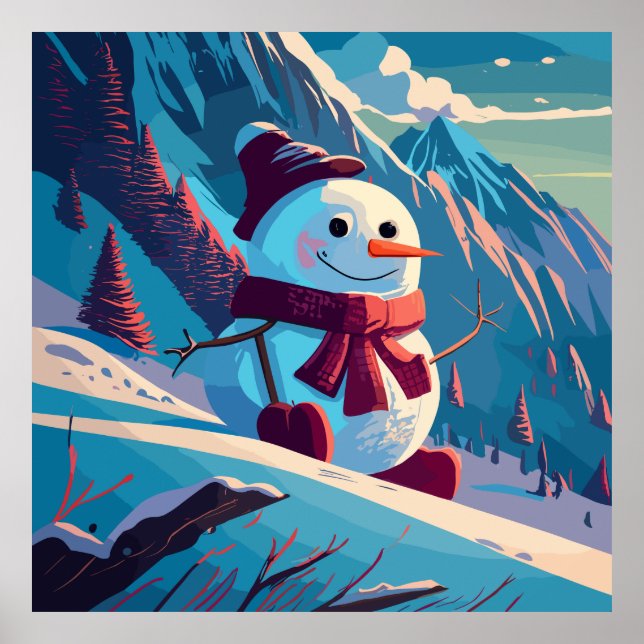 Poster Snowman grimpe dans les montagnes à Noël (Devant)