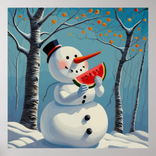 Poster Snowman mange de la pastèque