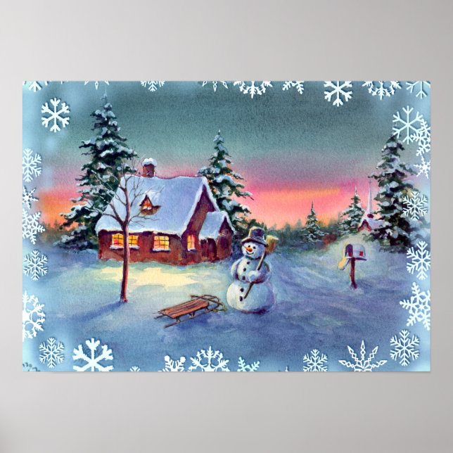 Poster SNOWMAN, SNOWFLAKES & SLED par SHARON SHARPE (Devant)
