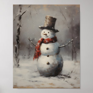 Poster Snowman Souriant Portant Casquette & Écharpe Rouge