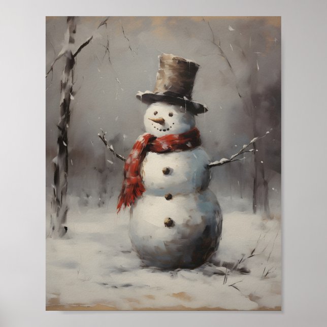 Poster Snowman Souriant Portant Casquette & Écharpe Rouge (Devant)