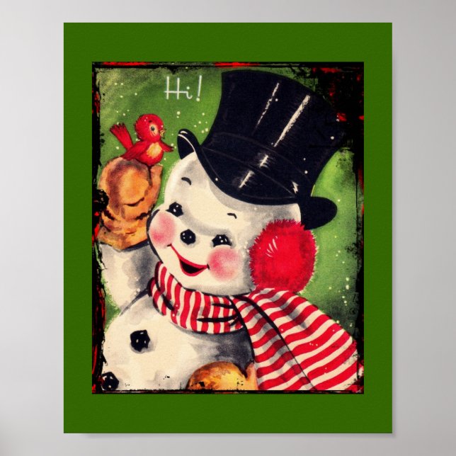 Poster Snowman vintage avec Oiseau Rouge (Devant)