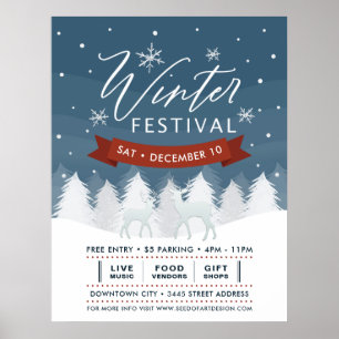 Poster Snowy Blue Winter Festival Trees & Deer Event