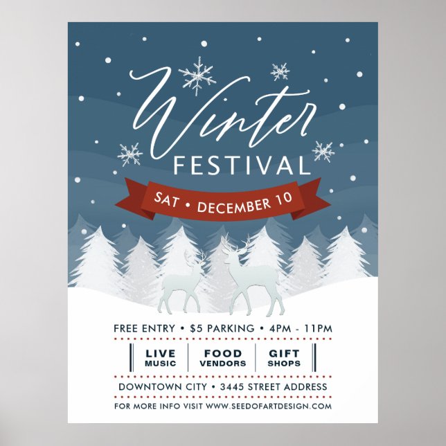 Poster Snowy Blue Winter Festival Trees & Deer Event (Devant)