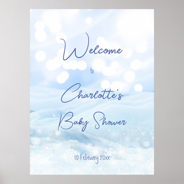 Poster Snowy pastel blue bokeh baby shower d'hiver accuei (Devant)