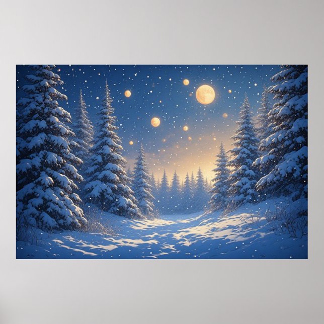 Poster Snowy Pine Forest Under A Starry Night Sky 🌙 Warm (Devant)