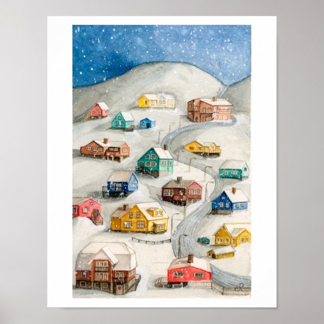 Poster Snowy Winter Village Art (Devant)