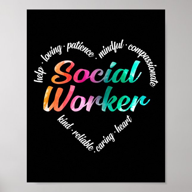 Poster Social Worker Heart Word Cloud Aquarelle Arc-en-ci (Devant)