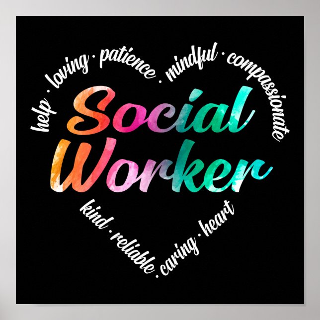 Poster Social Worker Heart Word Cloud Aquarelle Arc-en-ci (Devant)