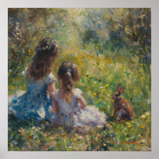 Poster Soeurs Dans Le Pré Avec Le Lapin A. I. Peinture