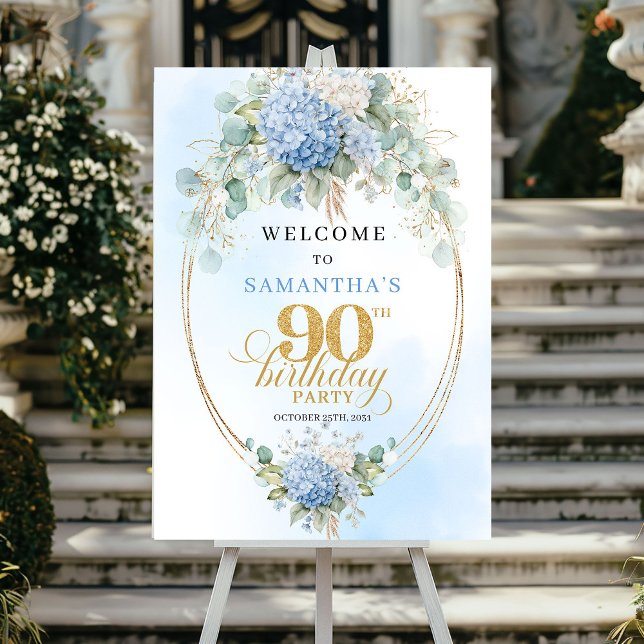 Poster Soft Blue Botanical Gold 90th birthday welcome (Soft Blue Botanical Gold 90th birthday welcome)
