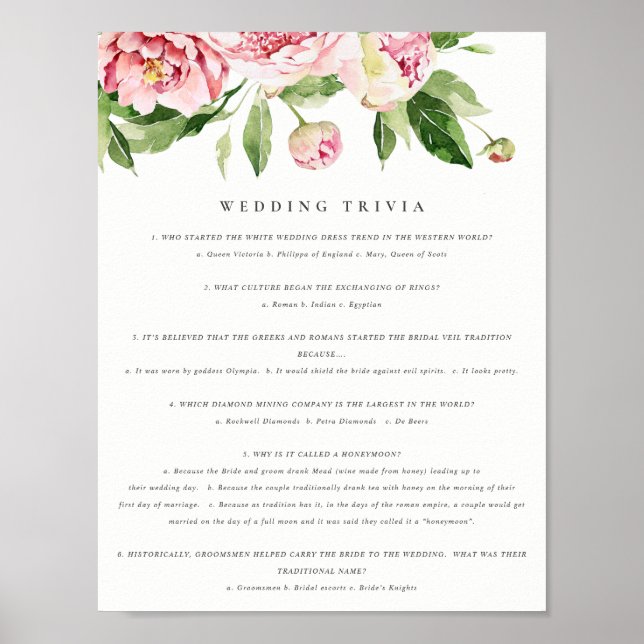 Poster Soft Blush Floral Peony Mariage Trivia Jeu Partie  (Devant)