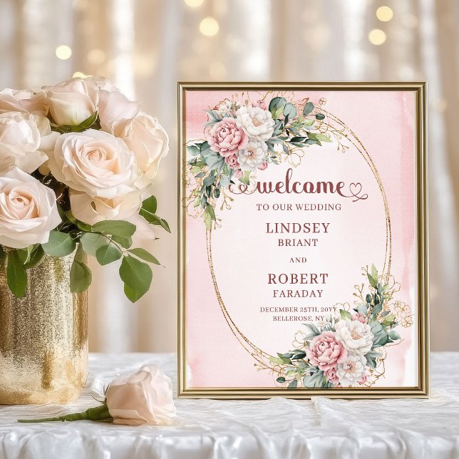 Poster Soft Dusty Pink Floral Greenery Welcome Sign (Soft Dusty Pink Floral Greenery Welcome Sign)