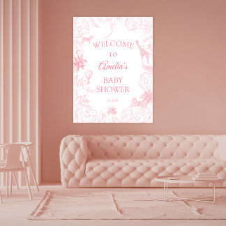 Poster Soft Pink Wild Safari Jungle Animals Baby Shower