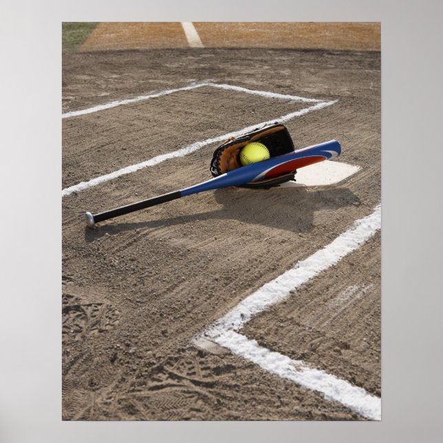 Poster Softball, gant de softball et chauve-souris à la p (Devant)