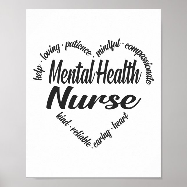 Poster Soins de santé mentale Infirmière Coeur Mot Cloud (Devant)