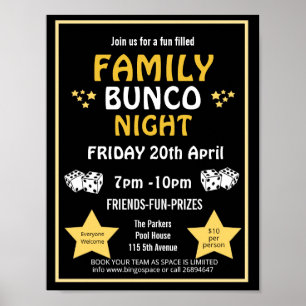 Poster Soirée bunco famille, fête bunco PTA événement PTO