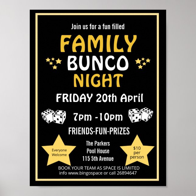 Poster Soirée bunco famille, fête bunco PTA événement PTO (Devant)