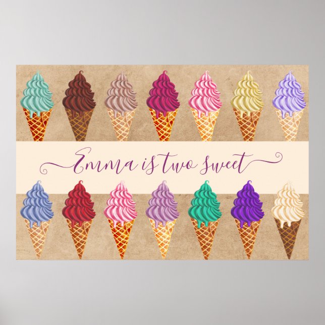 Poster Soirée Crème Glace Bébé Fille 2 ans Anniversaire (Devant)
