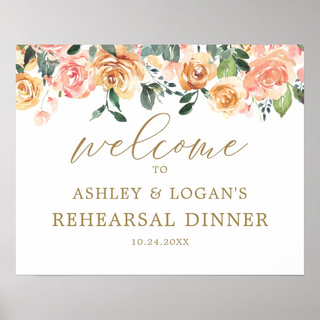 Poster Soirée de répétition florale Elegant Gold Peach (Devant)