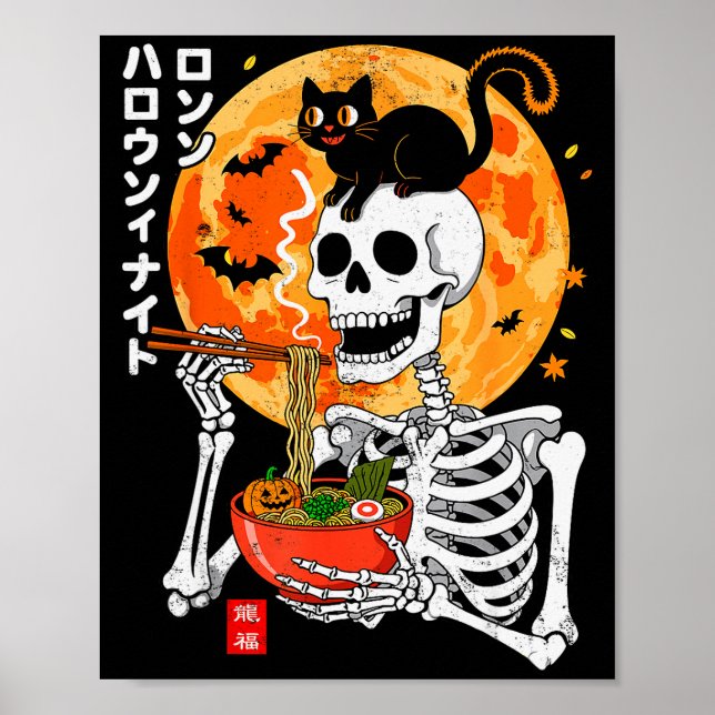Poster Soky Skeleton Eating Ramen Bowl With Cat Halloween (Devant)