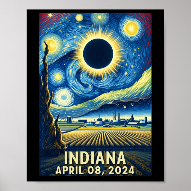 Poster Solar Eclipse 2024 Indiana Starry Night (Devant)