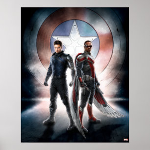 Poster Soldat d'hiver et le faucon devant le bouclier