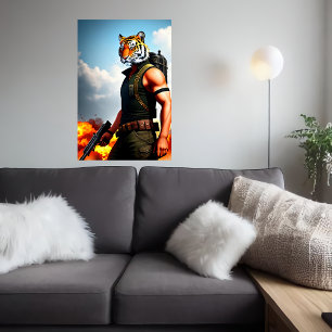 Poster Soldat du tigre anthropomorphique cool AI Art Po