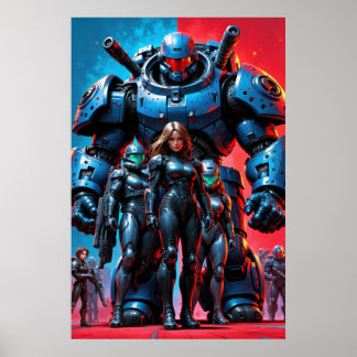Poster soldats futuristes et robot blindé dans une scienc