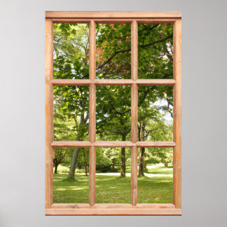 Poster Soleil à travers les arbres Vue d'une fenêtre