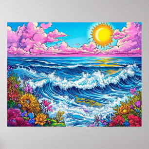 Poster Soleil brillant illuminant les vagues de l'océan