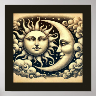 Poster Soleil céleste vintage et lune