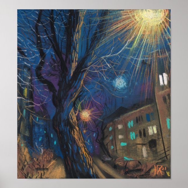 Poster Soleil de minuit, peinture paysage de l'arbre de l (Devant)