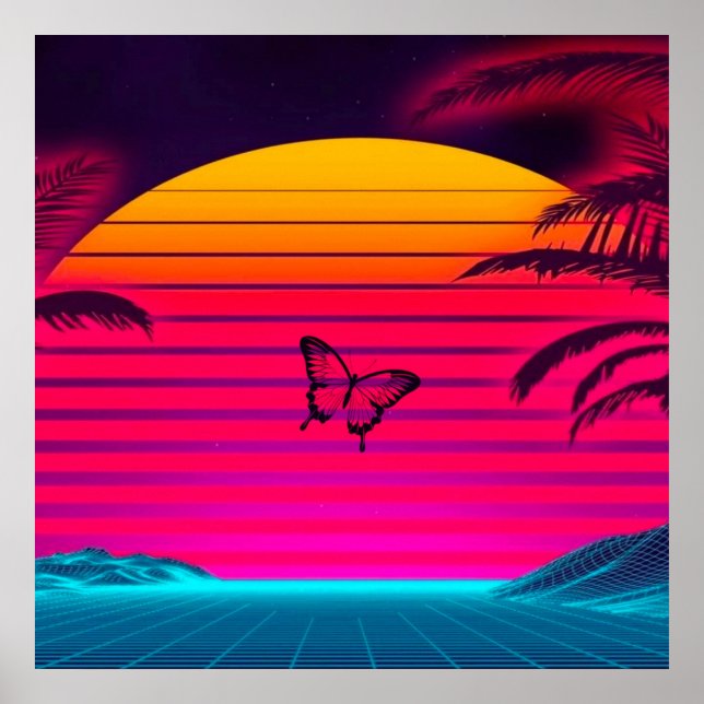 Poster Soleil de néon brillant au soleil couchant et un p (Devant)