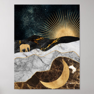 Poster Soleil doré et lune avec éléphant en marbre Cosmiq