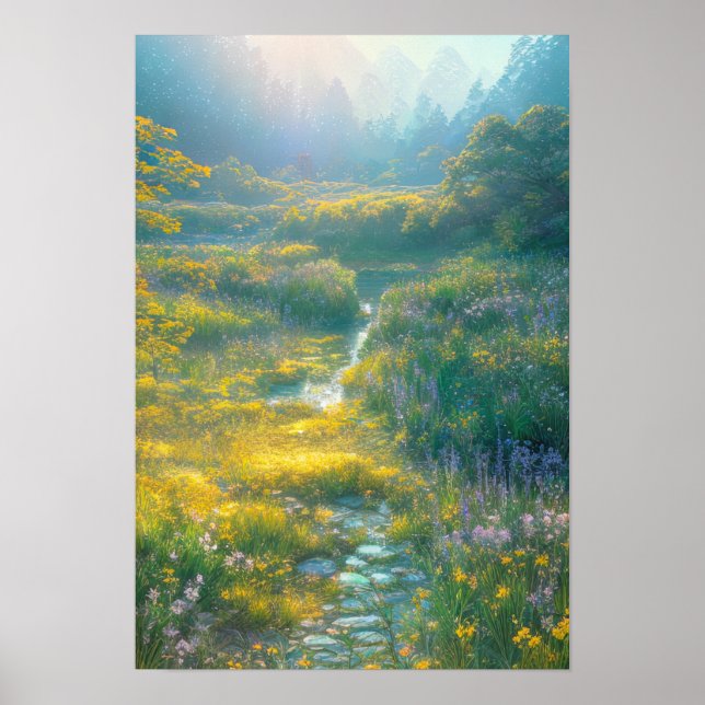 Poster Soleil matinal au-dessus d'un marais vert verdoyan (Devant)