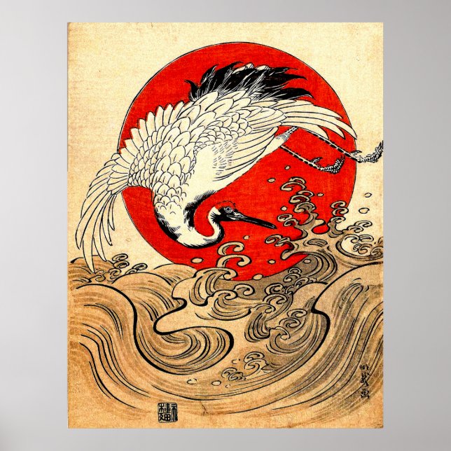 POSTER SOLEIL ROUGE, CRANE DE VOL JAPONAISE ET VAGUES MAR (Devant)
