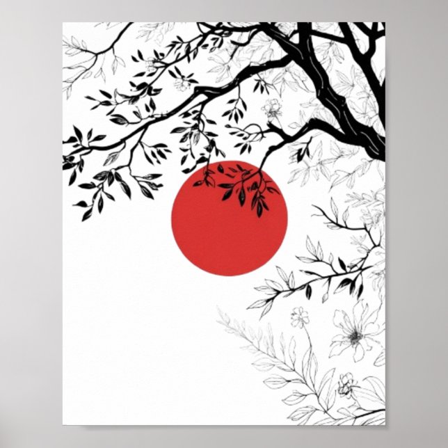 Poster Soleil Rouge Japonais & Art de l'Arbre au Pinceau (Devant)
